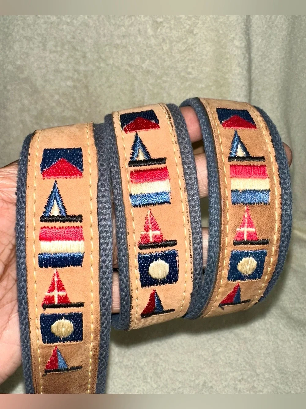 Vintage 90s Zeppelin Nautical Flag Embroidered Canvas & Leather Belt Size 40